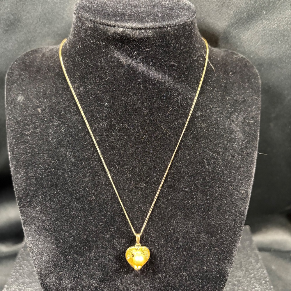 Vintage 14k Gold Filled Filigree Heart Cultured Pearl Pendant Necklace 18"